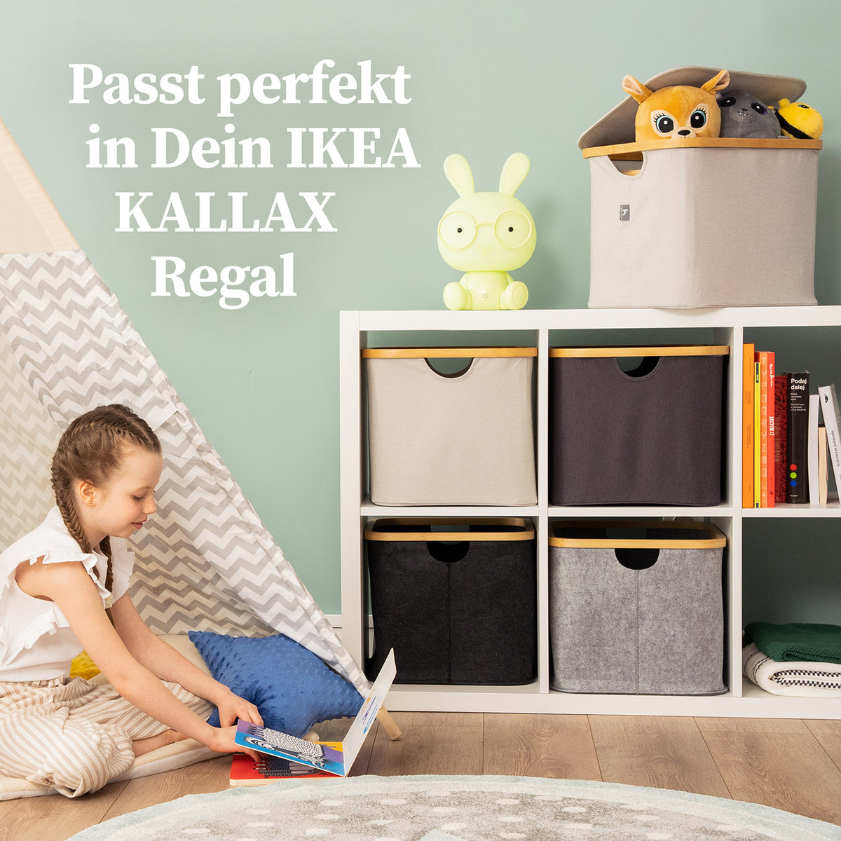 Aufbewahrungskorb "Laura" 40 l - Anthrazit, faltbarer Filzkorb mit Bambusrahmen, ideal für IKEA Kallax Regale und vielseitige Aufbewahrung.