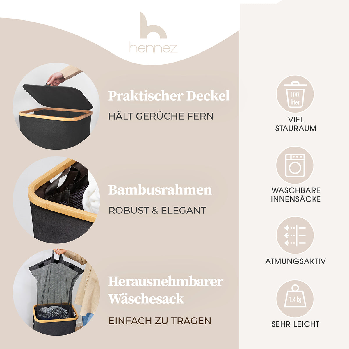 Aufbewahrungskorb "Adrian" 100 l mit Deckel in Dunkelgrau mit Bambusrahmen, praktischem Deckel und herausnehmbarem, waschbarem Wäschesack.