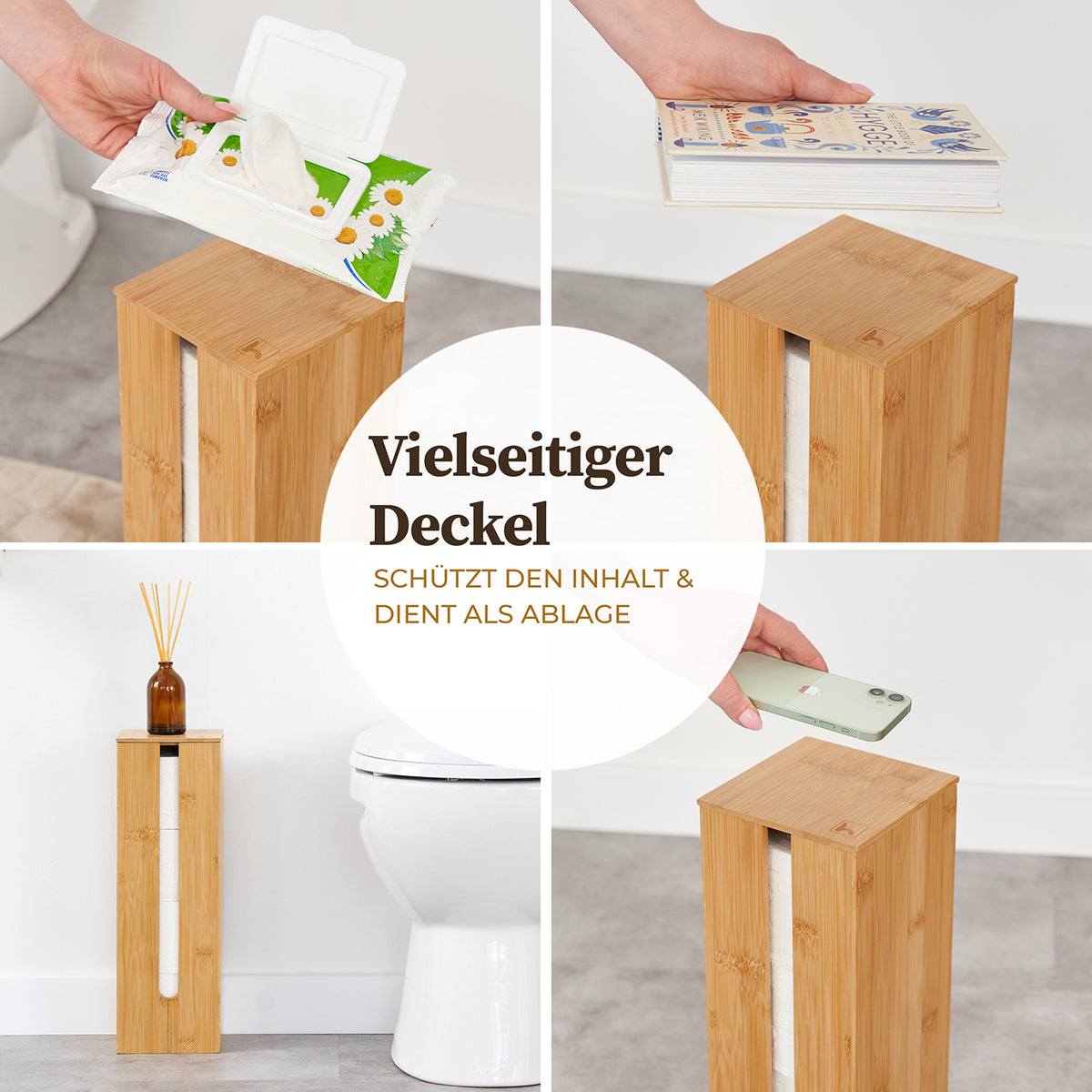 Toilettenpapier-Aufbewahrung "Maria" - Bambus mit vielseitigem Deckel schützt Inhalt und dient als praktische Ablage im Bad.