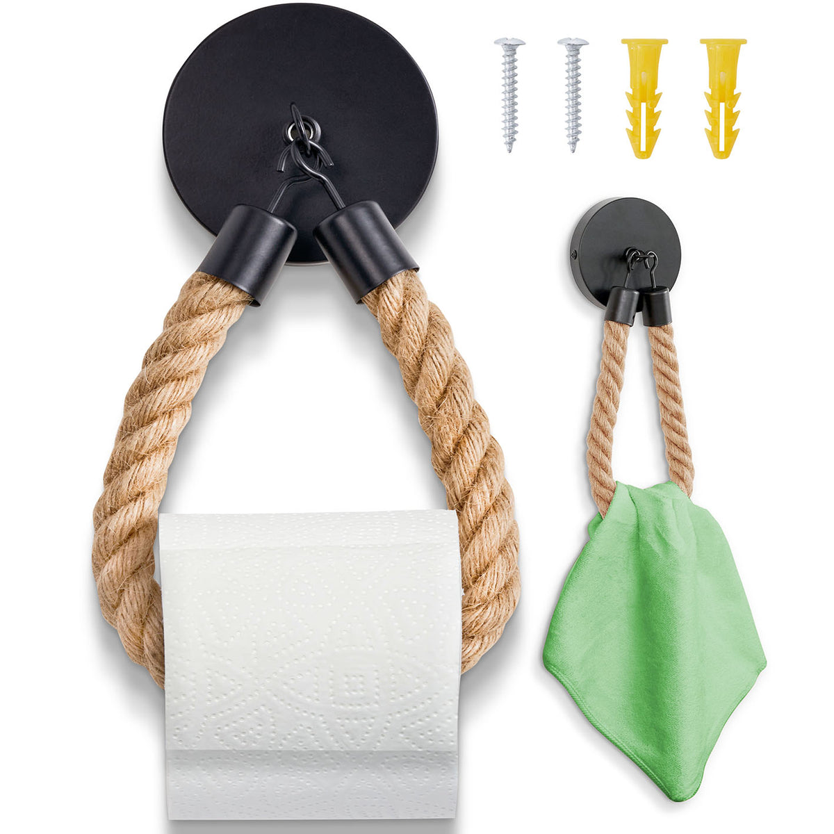 Toilettenpapierhalter - Mattschwarz mit Juteseil und Metall, handgefertigt, stilvoll und einfach montierbar für Bad und Gäste-WC
