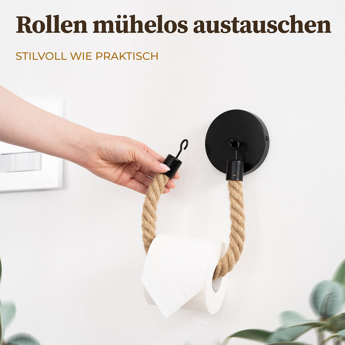 Toilettenpapierhalter - Mattschwarz aus Juteseil und Metall, leicht montierbar, minimalistisch und praktisch im Vintage-Design