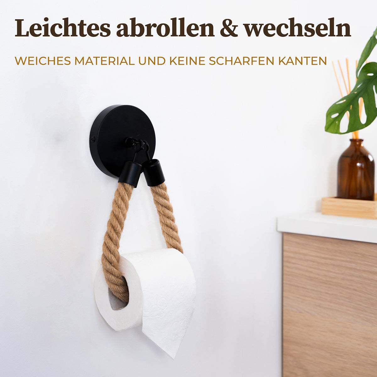 Toilettenpapierhalter - Mattschwarz mit natürlichem Juteseil, einfach abrollbar und schnell wechselbar, stylischer Retro-Bad-Accessoire.