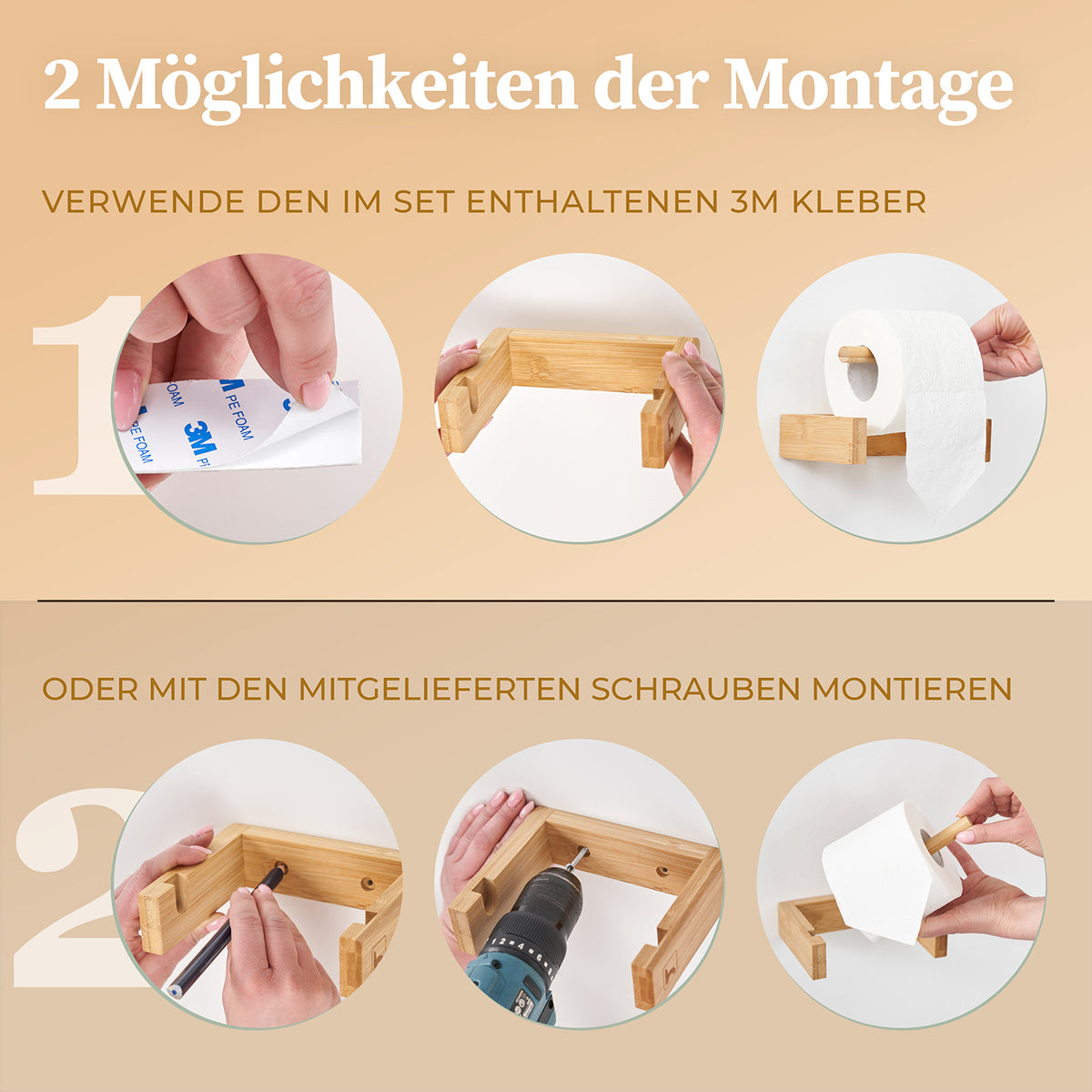Toilettenpapierhalter Bambus zeigt Montage mit 3M Kleber oder Schrauben für einfache Befestigung ohne Bohren im Badezimmer.
