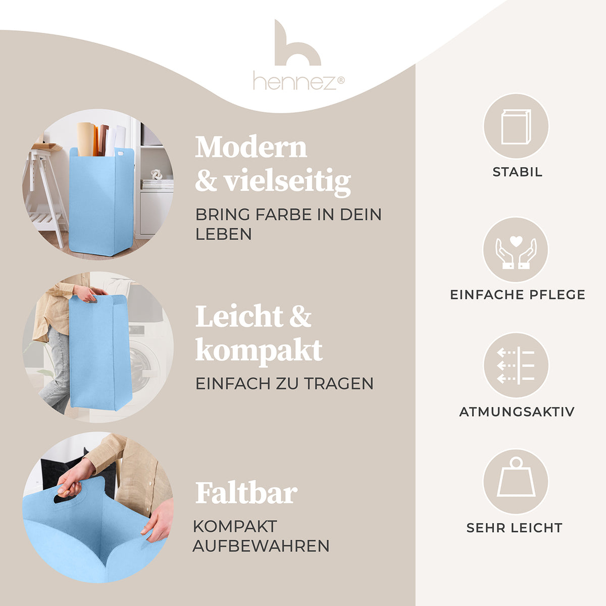 Filz-Aufbewahrungskorb "Katy" 75 l - Blau, großer, faltbarer Wäschesammler mit Griffen, stabil und leicht transportierbar.