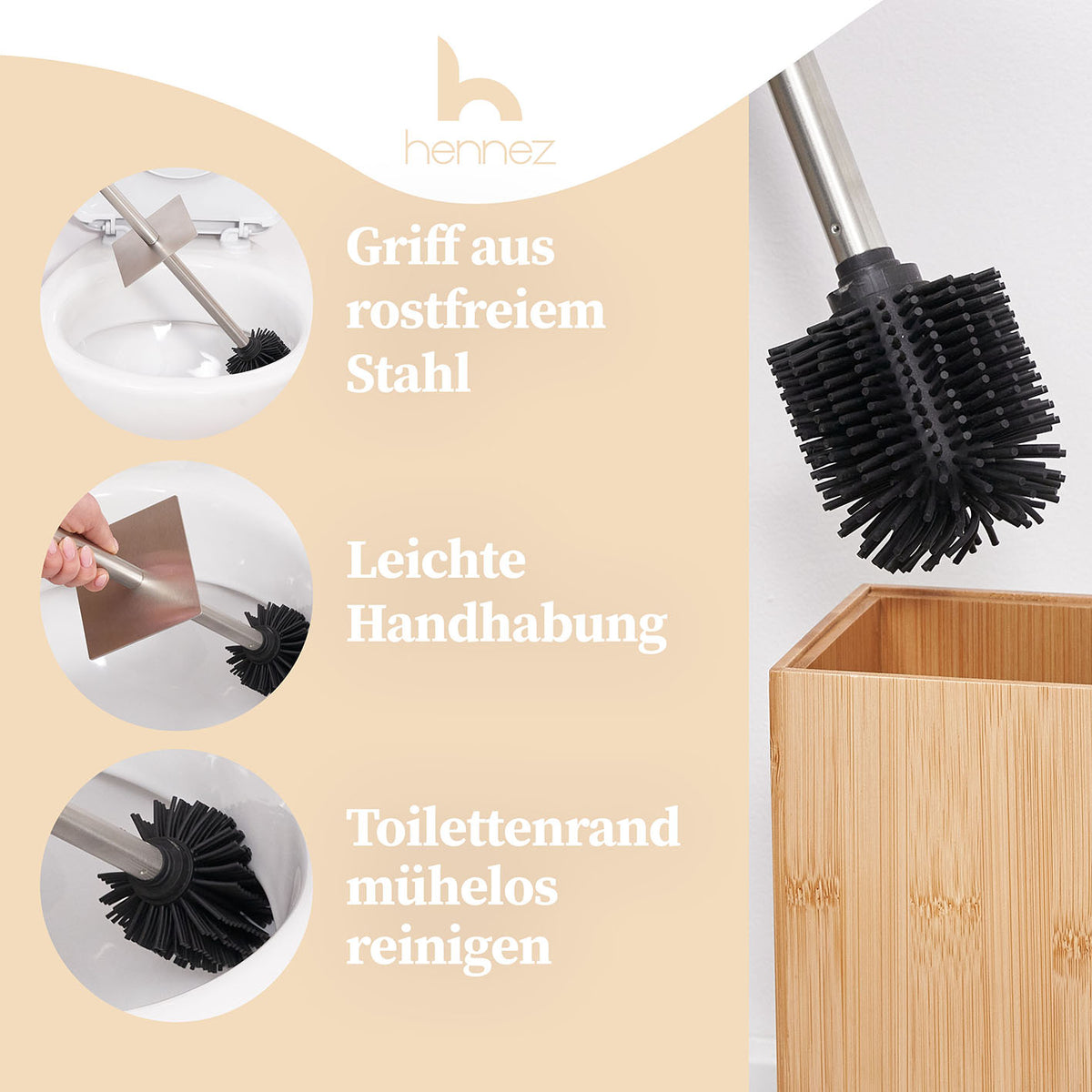 Toilettenbürste Silikon - Bambus Bürstenhalter mit rostfreiem Stahlgriff, leichte Handhabung und schonender Reinigung des Toilettenrands.