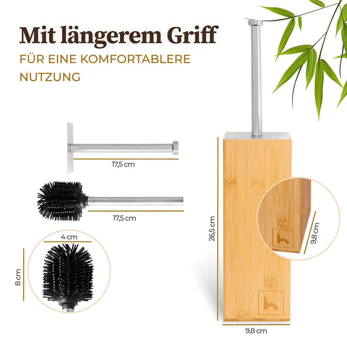Toilettenbürste Silikon - Bambus Bürstenhalter mit selbstreinigendem Bürstenkopf und schnelltrocknendem Bambus Halter, modernes Design.