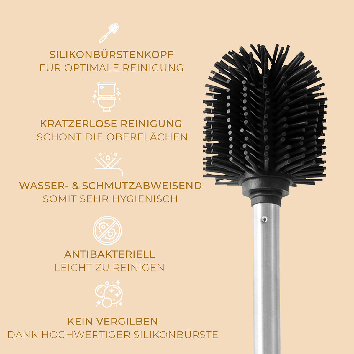 Toilettenbürste Silikon - Bambus Bürstenhalter mit antibakteriellem Silikonbürstenkopf, kratzlos, schnelltrocknend und hygienisch.