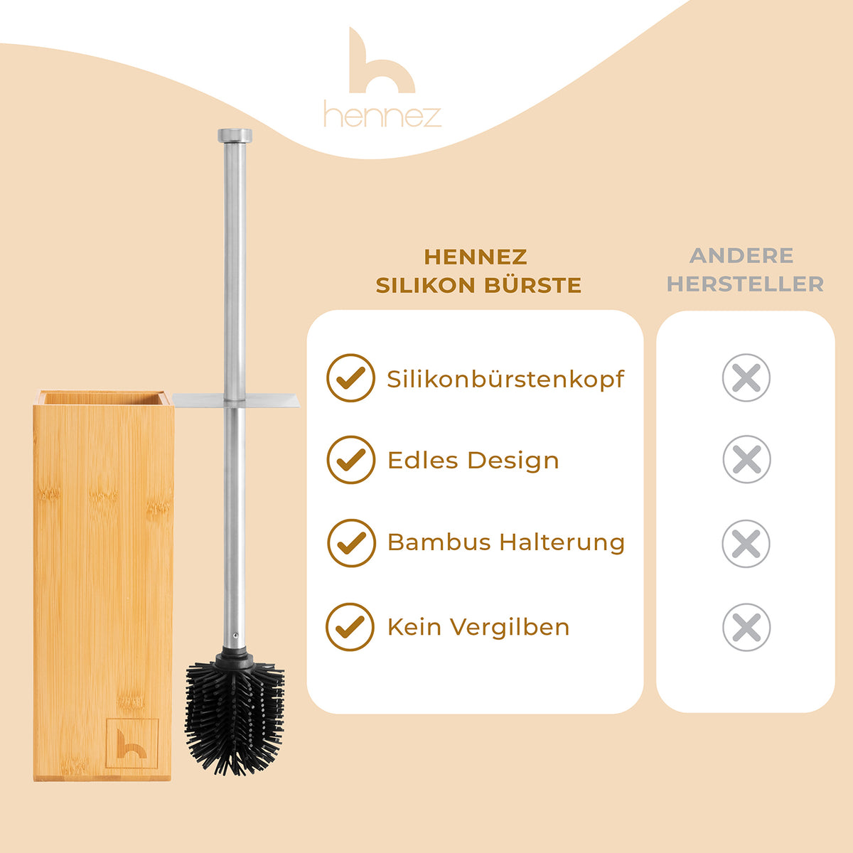 Toilettenbürste Silikon - Bambus Bürstenhalter mit antibakteriellem Silikonbürstenkopf und edlem Bambus-Design, kein Vergilben, stabiler Stand.