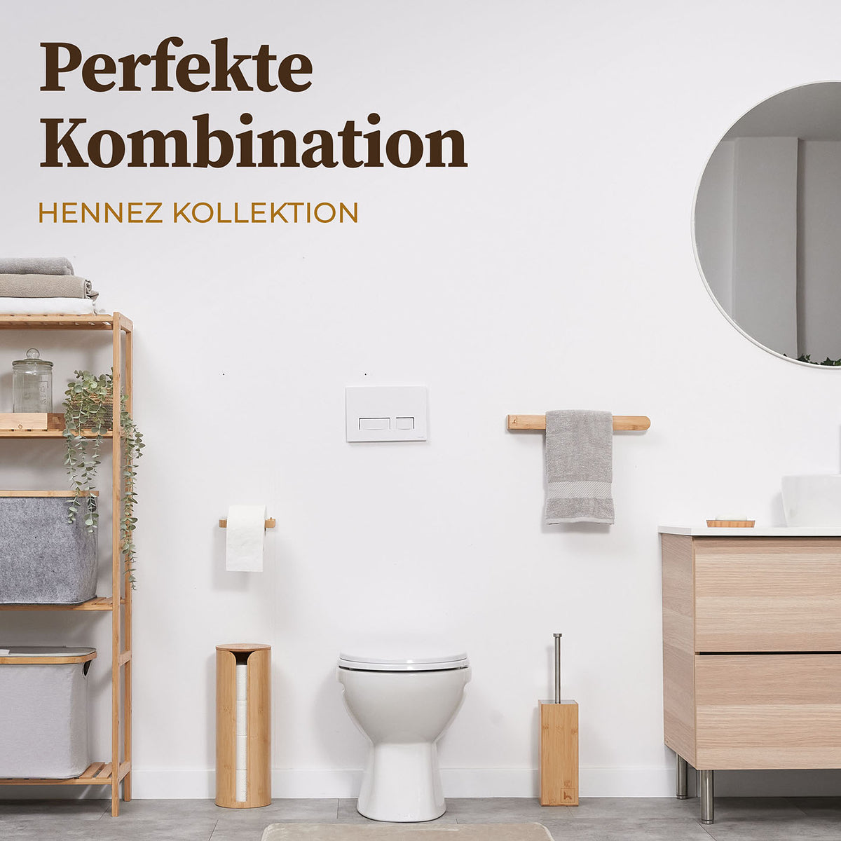 Moderner Badezimmerbereich mit Toilettenpapierhalter ohne Bohren - Bambus und abgestimmter Einrichtung in hellen Holztönen.