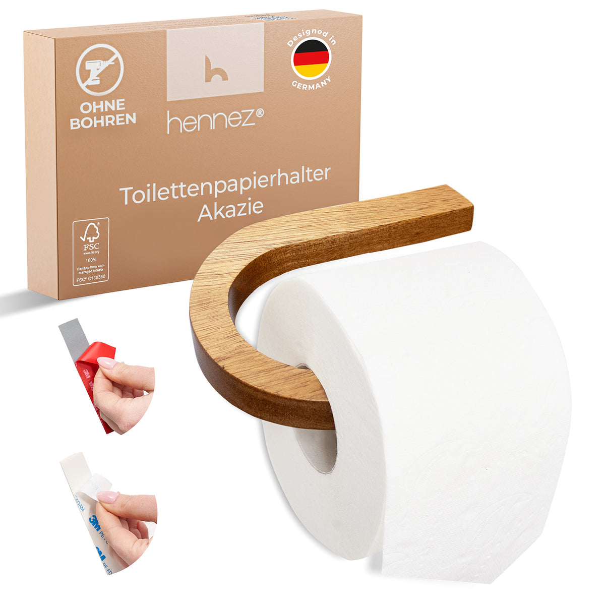 Toilettenpapierhalter ohne Bohren - Akazie aus nachhaltigem Holz mit selbstklebender Montage und modernem minimalistischen Design