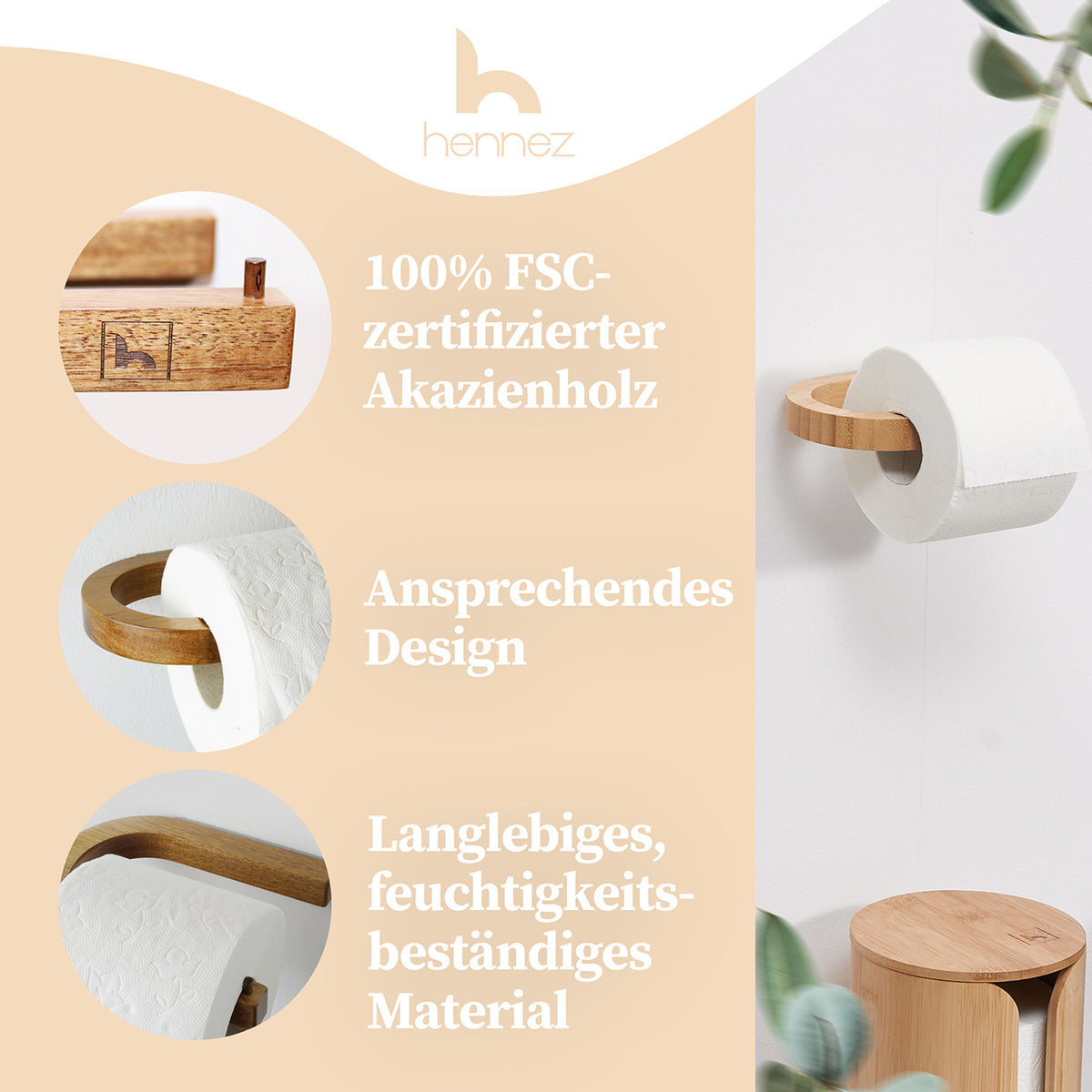 Toilettenpapierhalter ohne Bohren - Akazie aus FSC-zertifiziertem Holz mit langlebigem, feuchtigkeitsbeständigem Design für moderne Bäder.