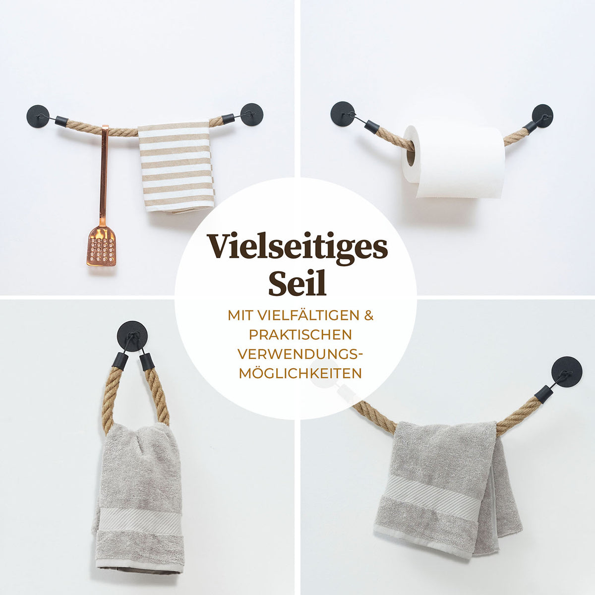 Handtuchhalter - Braun/Schwarz mit 3M-Klebeband, handgefertigt aus Jute und Metall, vielseitig für Bad, Küche und Gäste-WC.