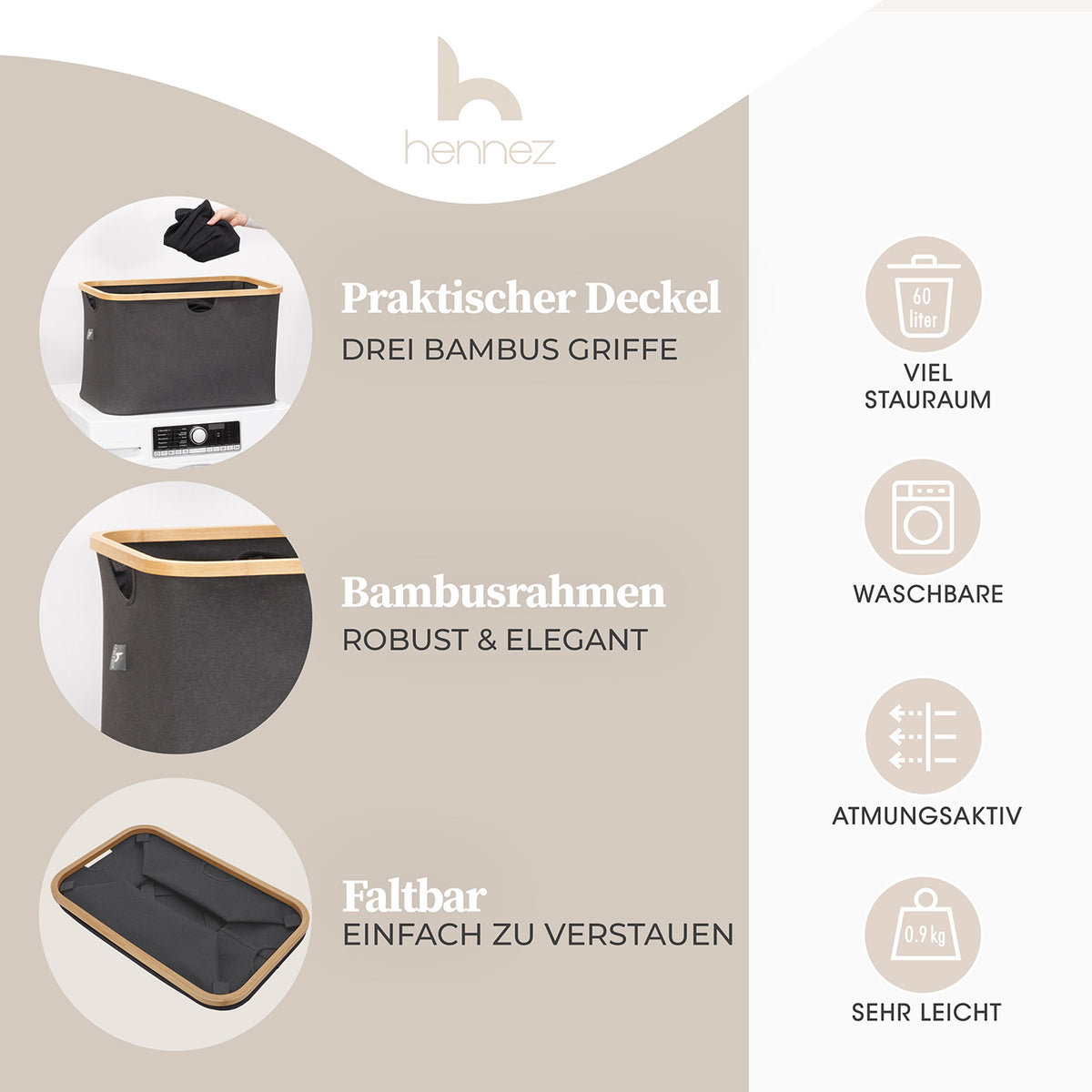 Aufbewahrungskorb "Adrian" 60 l Grau mit Bambusrahmen, faltbar, waschbar, leicht und viel Stauraum für Zuhause.