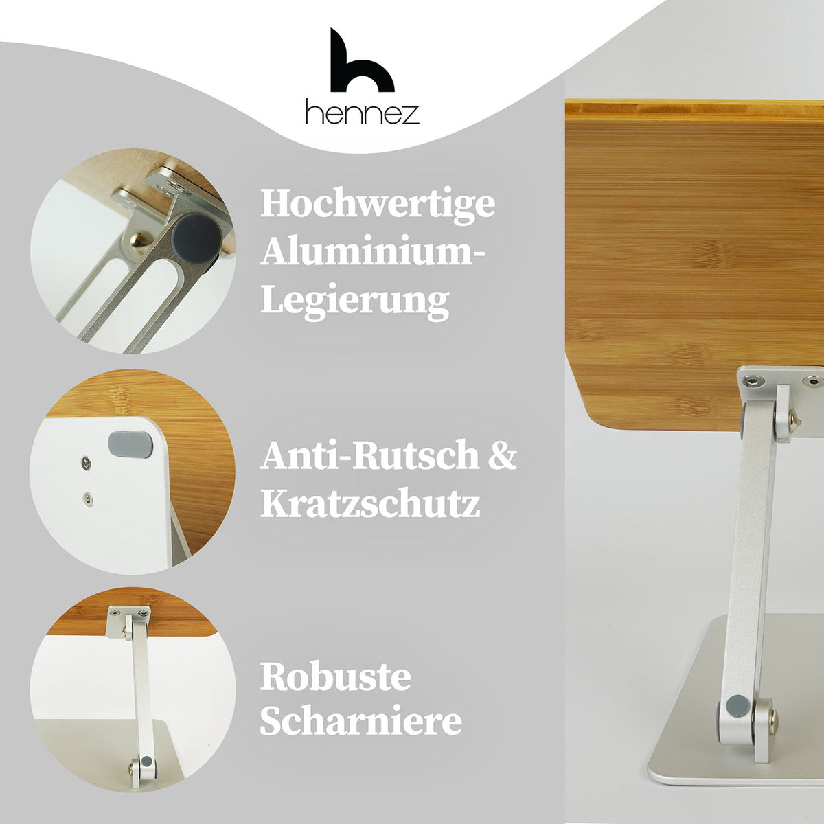 Laptop-Ständer - Holz mit robuster Aluminium-Legierung, Anti-Rutsch-Funktion und stabilen Scharnieren für optimale Ergonomie.
