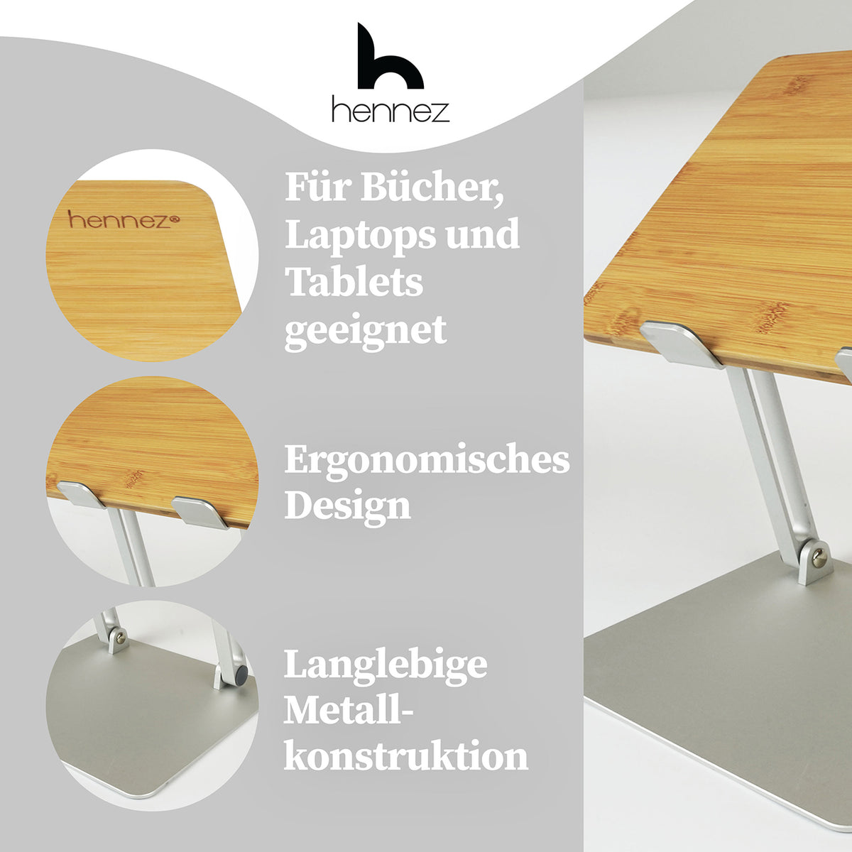 Laptop-Ständer - Holz aus langlebiger Metallkonstruktion mit ergonomischem Design für Bücher, Laptops und Tablets geeignet.