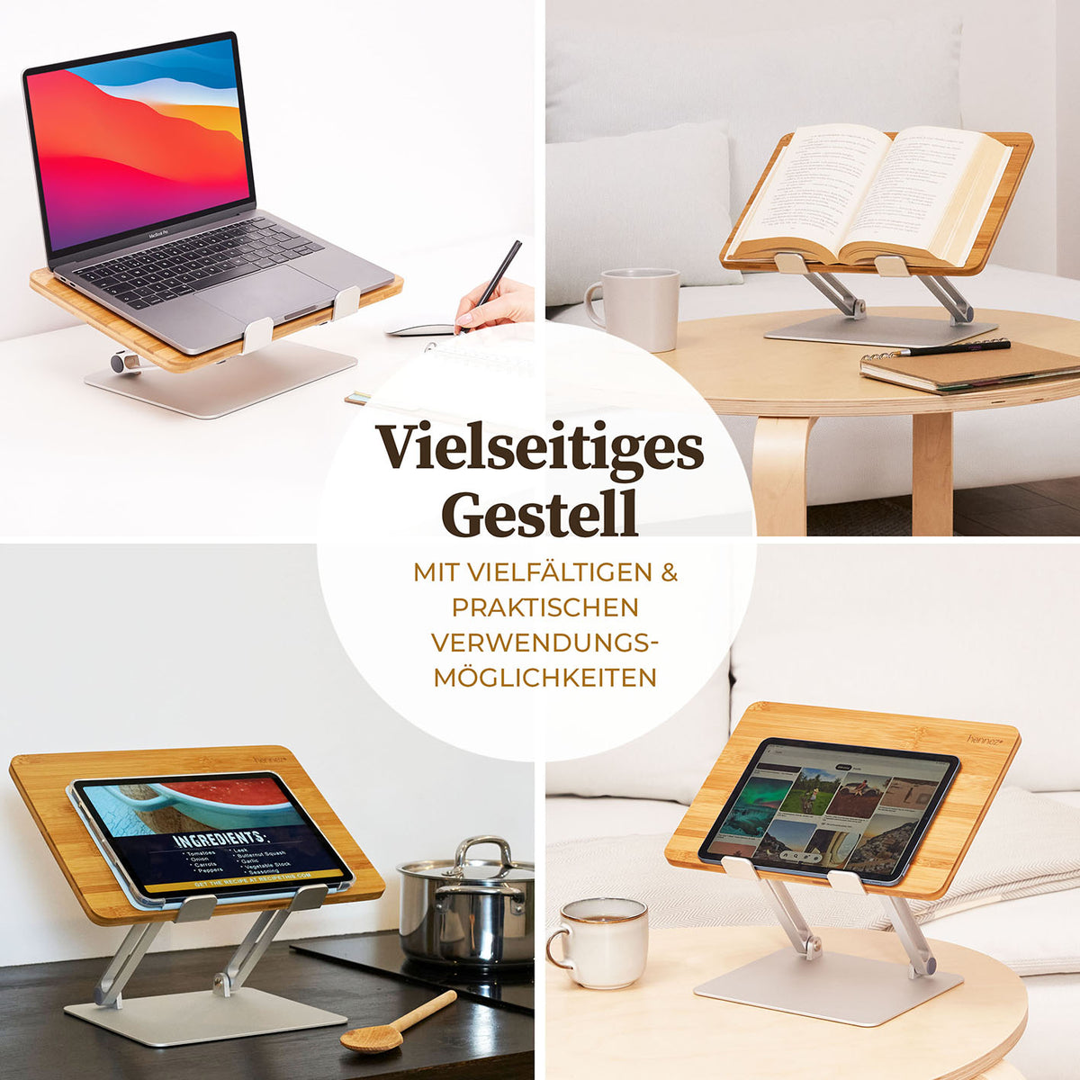 Laptop-Ständer - Holz, ergonomisch, klappbar, stabil, rutschfest, passend für Laptops, Tablets, iPads, flexibel einsetzbar.