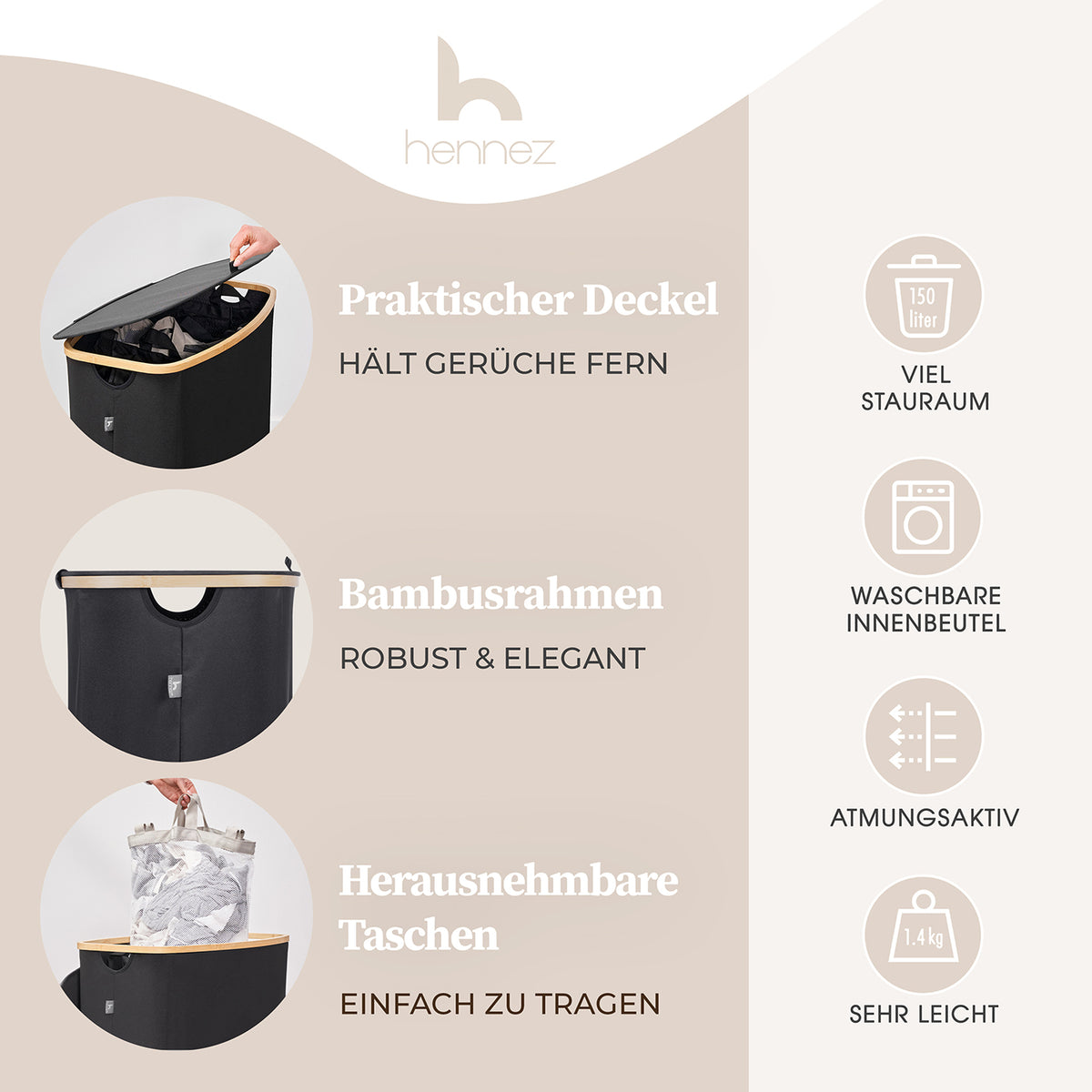 Aufbewahrungskorb "Adrian" 150 l mit Deckel & 3 Fächern – schwarzer Wäschekorb mit Bambusrahmen und herausnehmbaren Taschen.