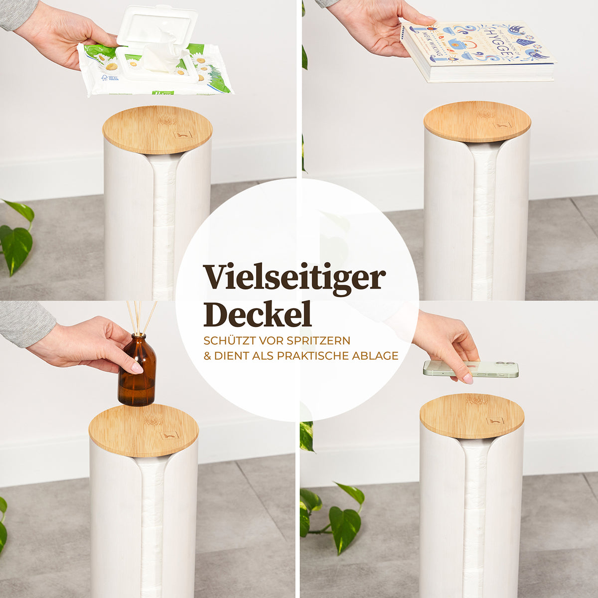Hennez Toilettenpapier-Aufbewahrung "Maria" - Weiß mit vielseitigem Bambus-Deckel als Ablage und Spritzschutz für das Badezimmer.