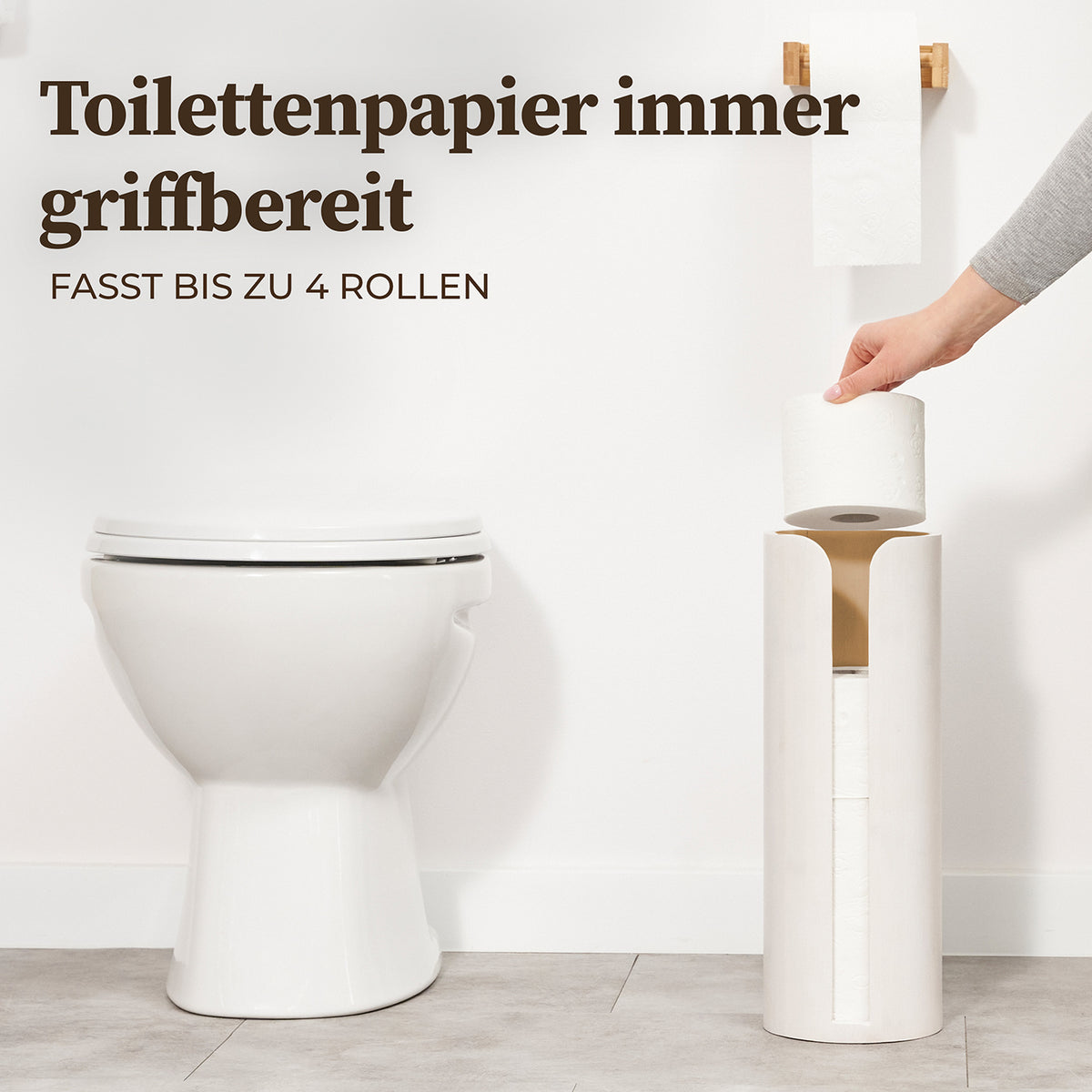 Hennez Toilettenpapier-Aufbewahrung "Maria" Weiß aus Bambus, platzsparend, für bis zu 4 Rollen, mit praktischem Deckel und Füllstandsanzeige.