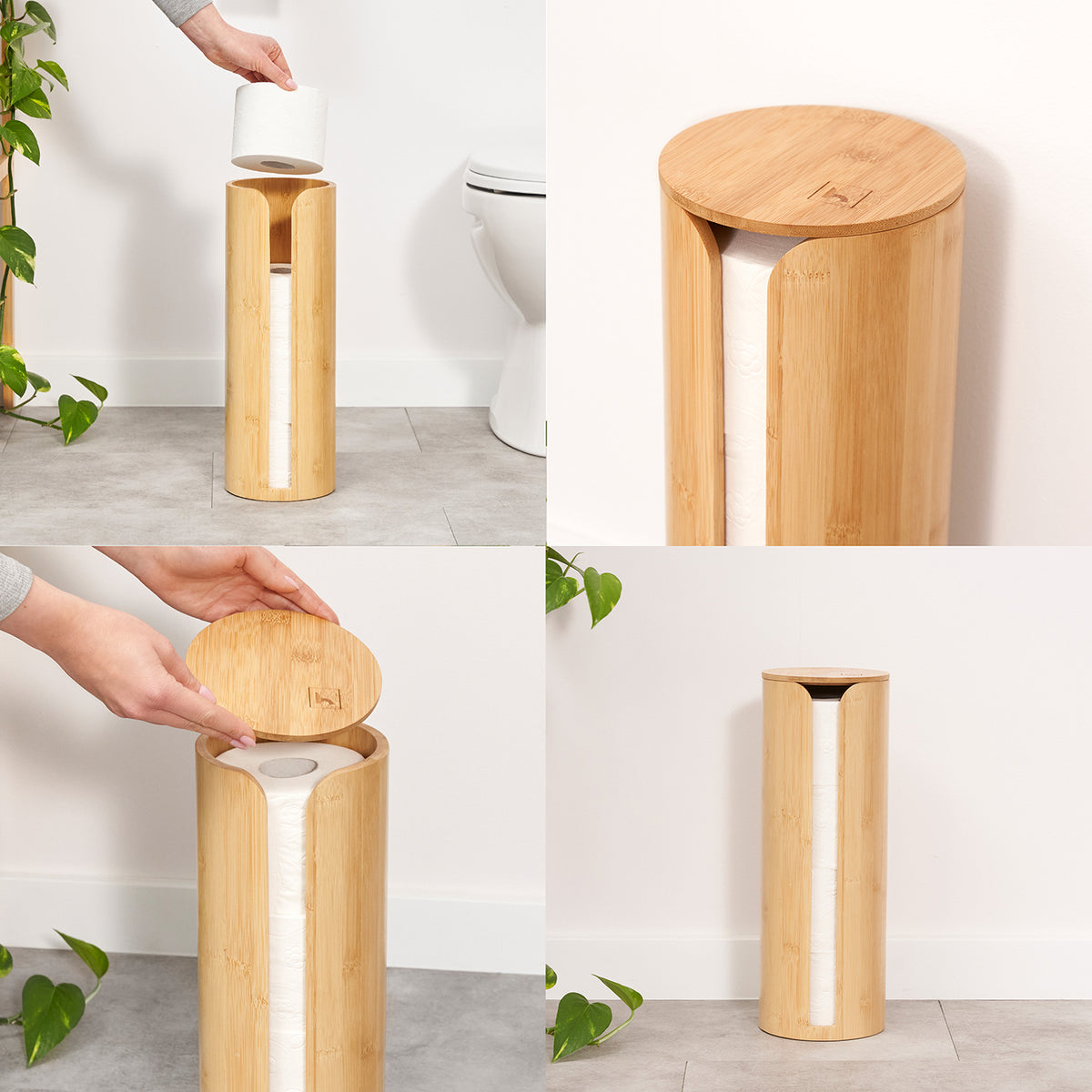 Toilettenpapier-Aufbewahrung "Maria" - Bambus, nachhaltiger WC-Rollenhalter mit Deckel, Platz für 4 Rollen und praktischem Griff.