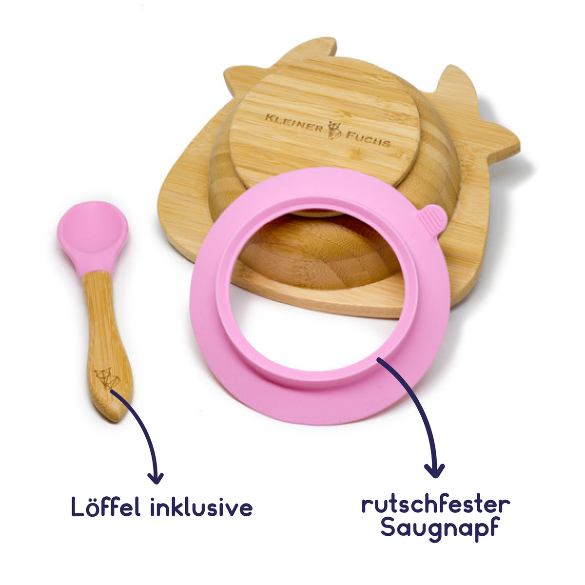 Bambus-Schüssel für Kinder inkl. Löffel - mit Kuhmotiv - Rosa, rutschfester Saugnapf und kindgerechtes Design aus nachhaltigem Material.