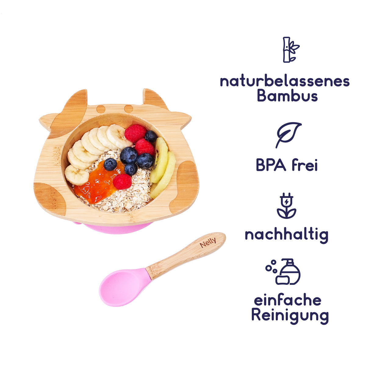 Bambus-Schüssel für Kinder inkl. Löffel - mit Kuhmotiv - Rosa, aus natürlichem Bambus, BPA-frei und leicht zu reinigen.