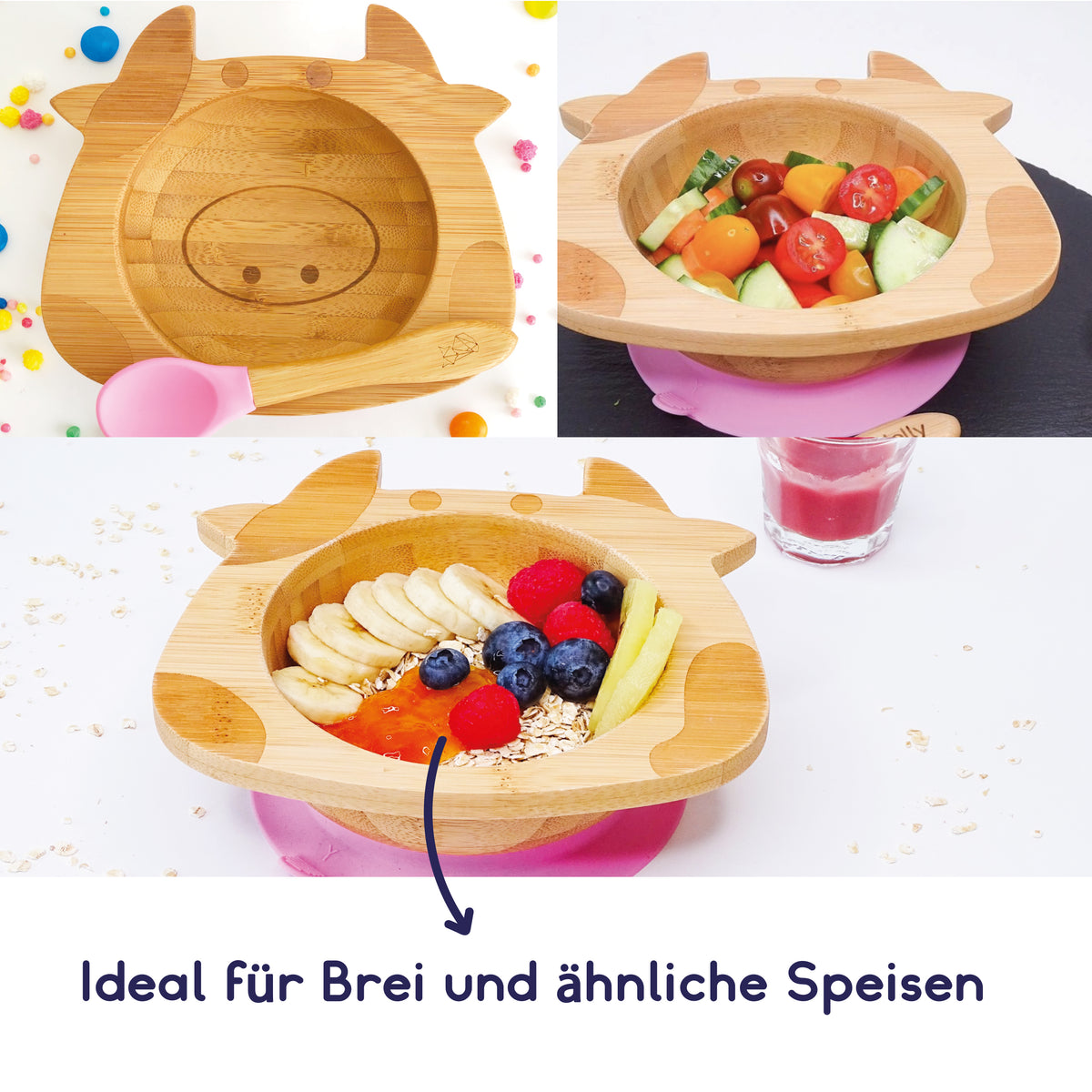 Bambus-Schüssel für Kinder inkl. Löffel - mit Kuhmotiv - Rosa, stabile Form mit praktischem Saugnapf für Snacks und kleine Mahlzeiten.