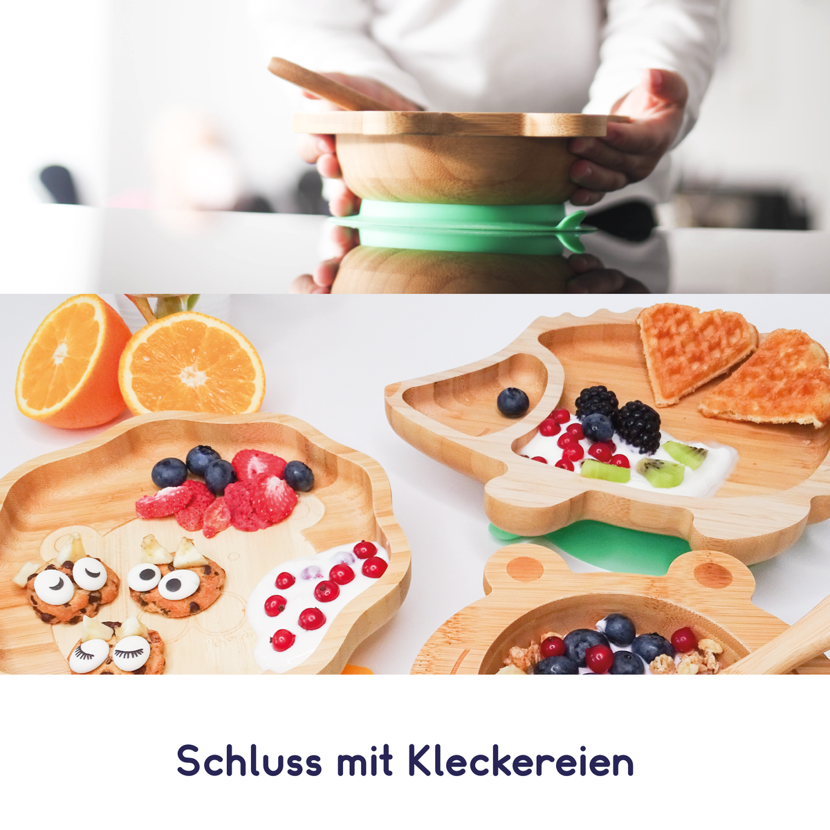 Bambus-Schüssel für Kinder inkl. Löffel - mit Kuhmotiv - Rosa, rutschfester Saugnapf und kindgerechtes Design aus nachhaltigem Bambus.
