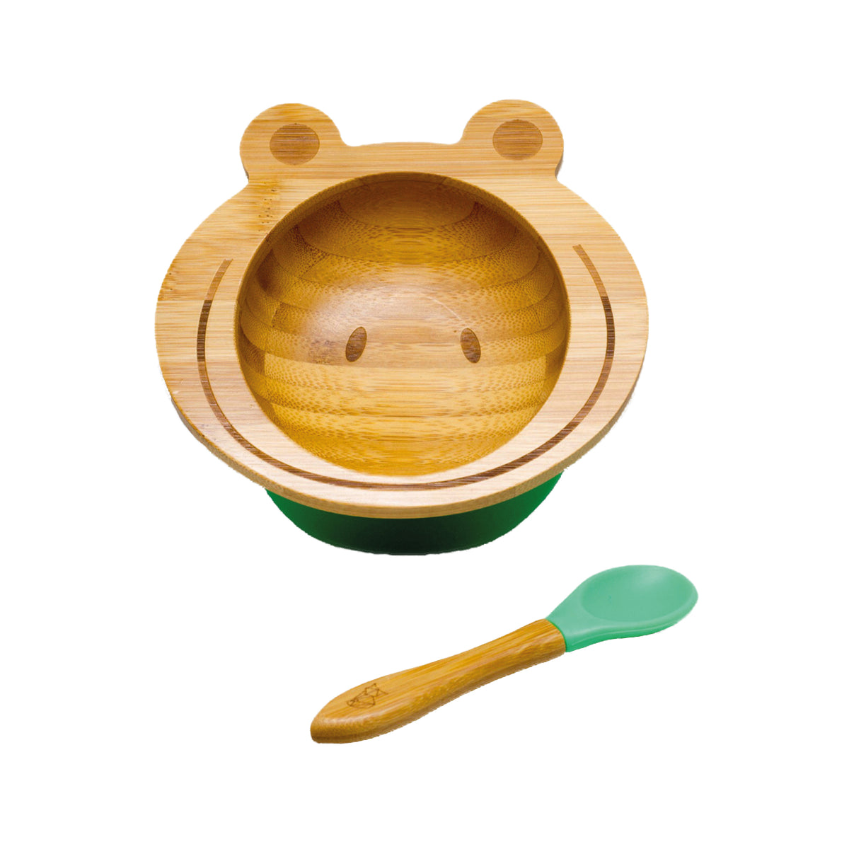 Bambus-Schüssel für Kinder inkl. Löffel - mit Froschmotiv - Grün, naturfarben, kindgerecht und schadstofffrei gestaltet.