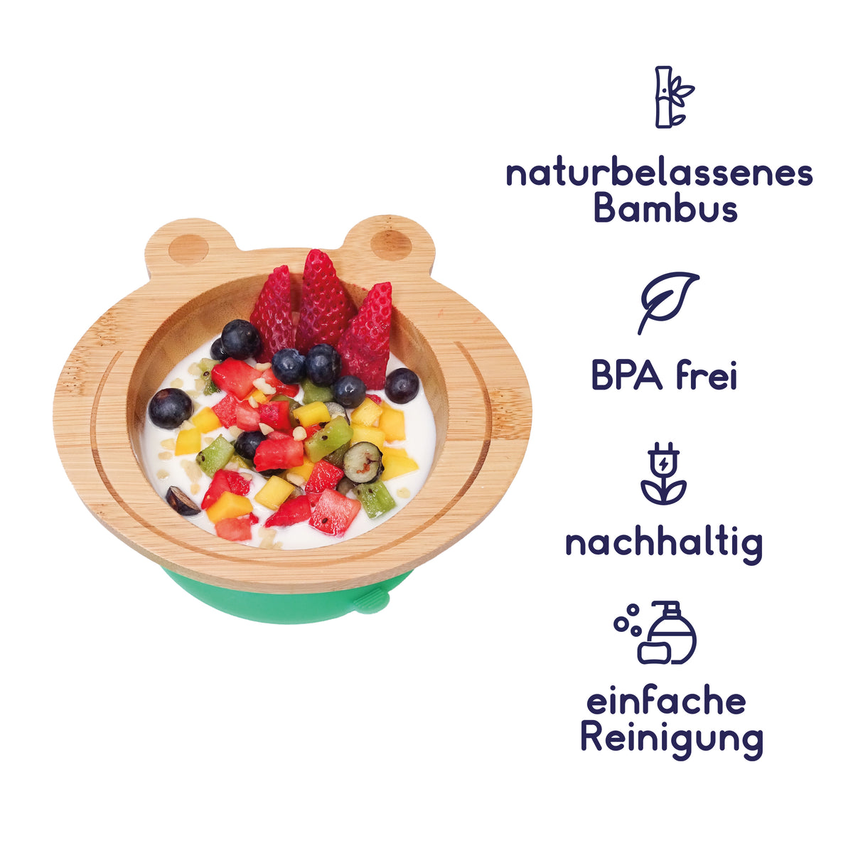 Bambus-Schüssel für Kinder inkl. Löffel - mit Froschmotiv - Grün, gefüllt mit Früchten, naturbelassen, BPA frei, nachhaltig und leicht zu reinigen.