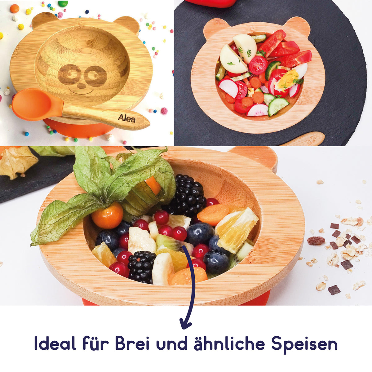 Bambus-Schüssel für Kinder inkl. Löffel - mit Pandamotiv - Orange, geeignet für Brei und Obst als Kindergeschirr.