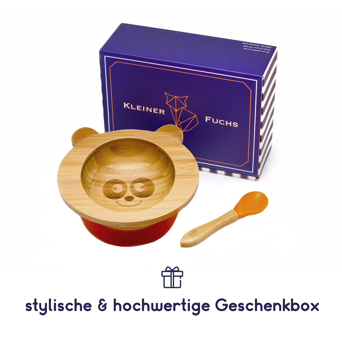 Bambus-Schüssel für Kinder inkl. Löffel - mit Pandamotiv - Orange mit Holzdeckel in Pandaform und orangefarbener Löffel.