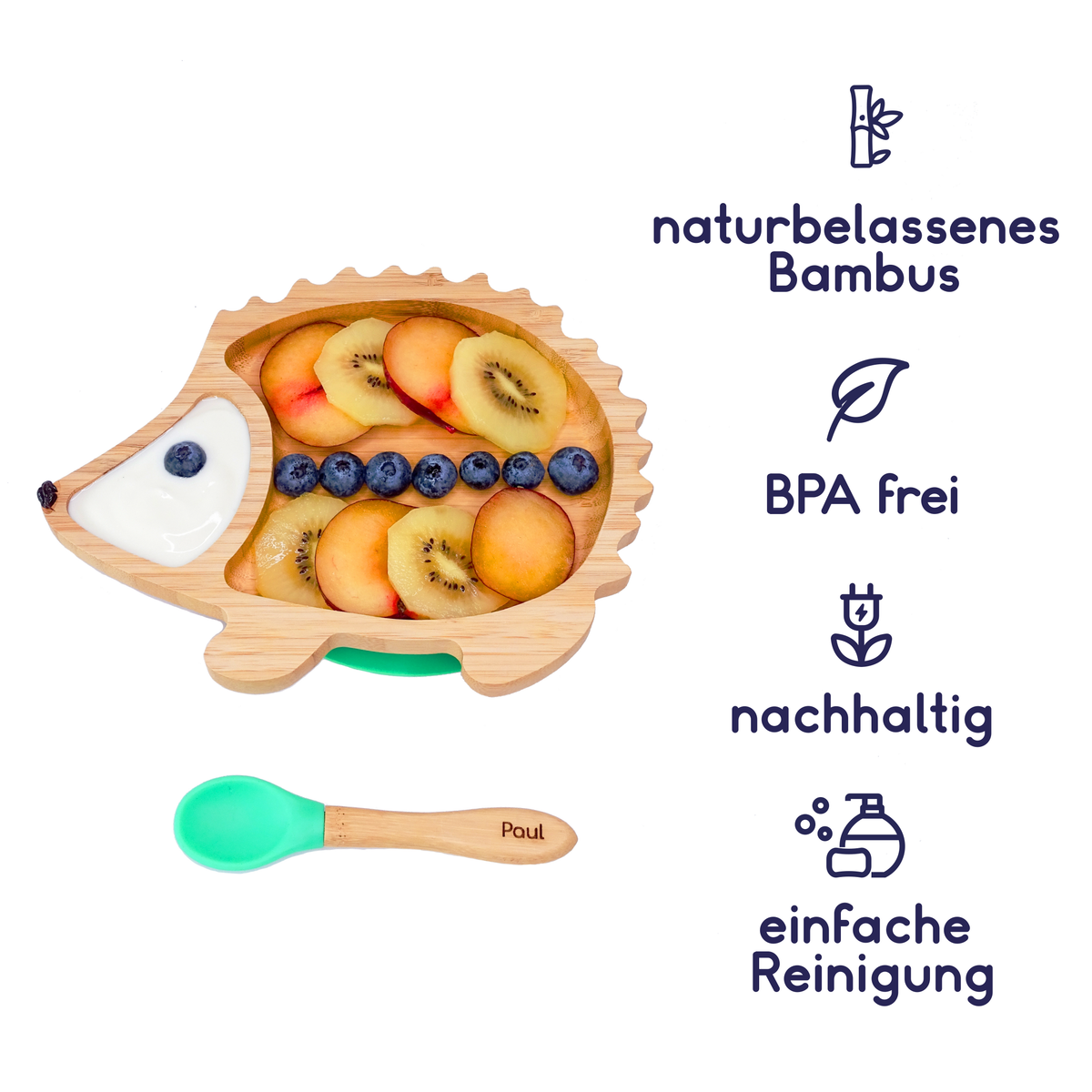 Bambus-Teller für Kinder inkl. Löffel - mit Igelmotiv - Grün mit Obst und Hinweisen zu BPA-frei und einfacher Reinigung