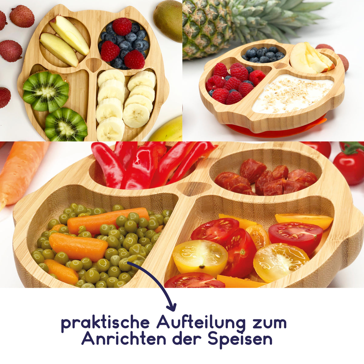 Bambus-Teller für Kinder inkl. Löffel - mit Eulenmotiv - Grün, geteilter Teller mit Obst und Gemüse