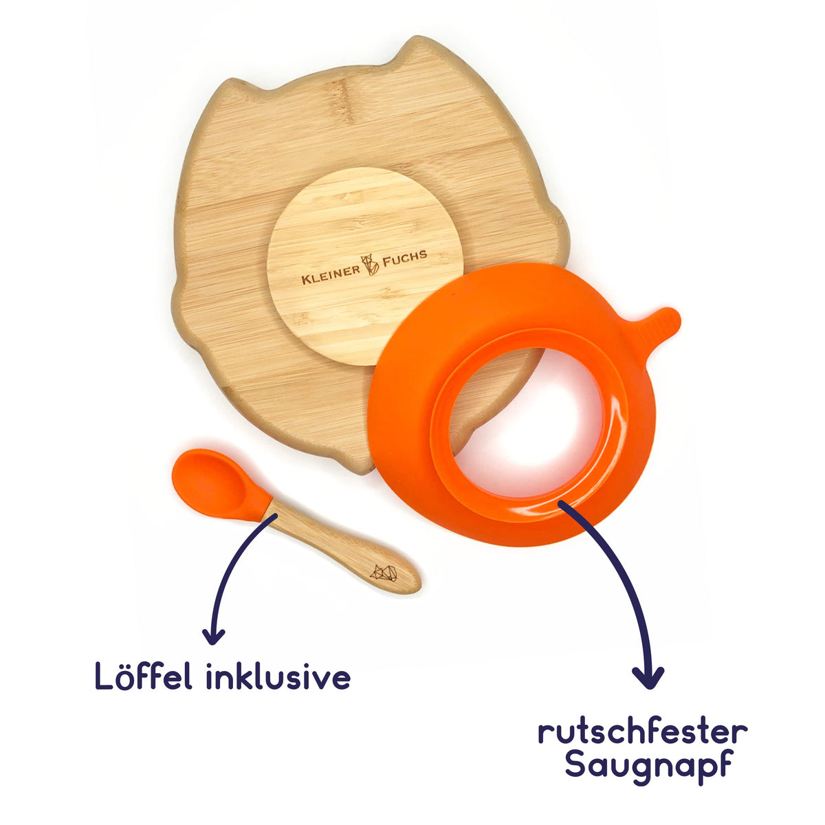Bambus-Teller für Kinder inkl. Löffel - mit Eulenmotiv - Orange mit rutschfestem Saugnapf und sicherem, kindgerechtem Design für Mahlzeiten.