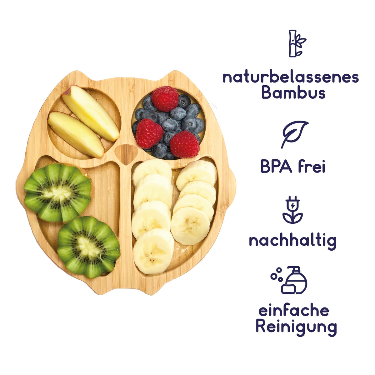 Bambus-Teller für Kinder inkl. Löffel - mit Eulenmotiv - Orange mit natürlichen Fächern für frisches Obst, nachhaltig und BPA-frei.