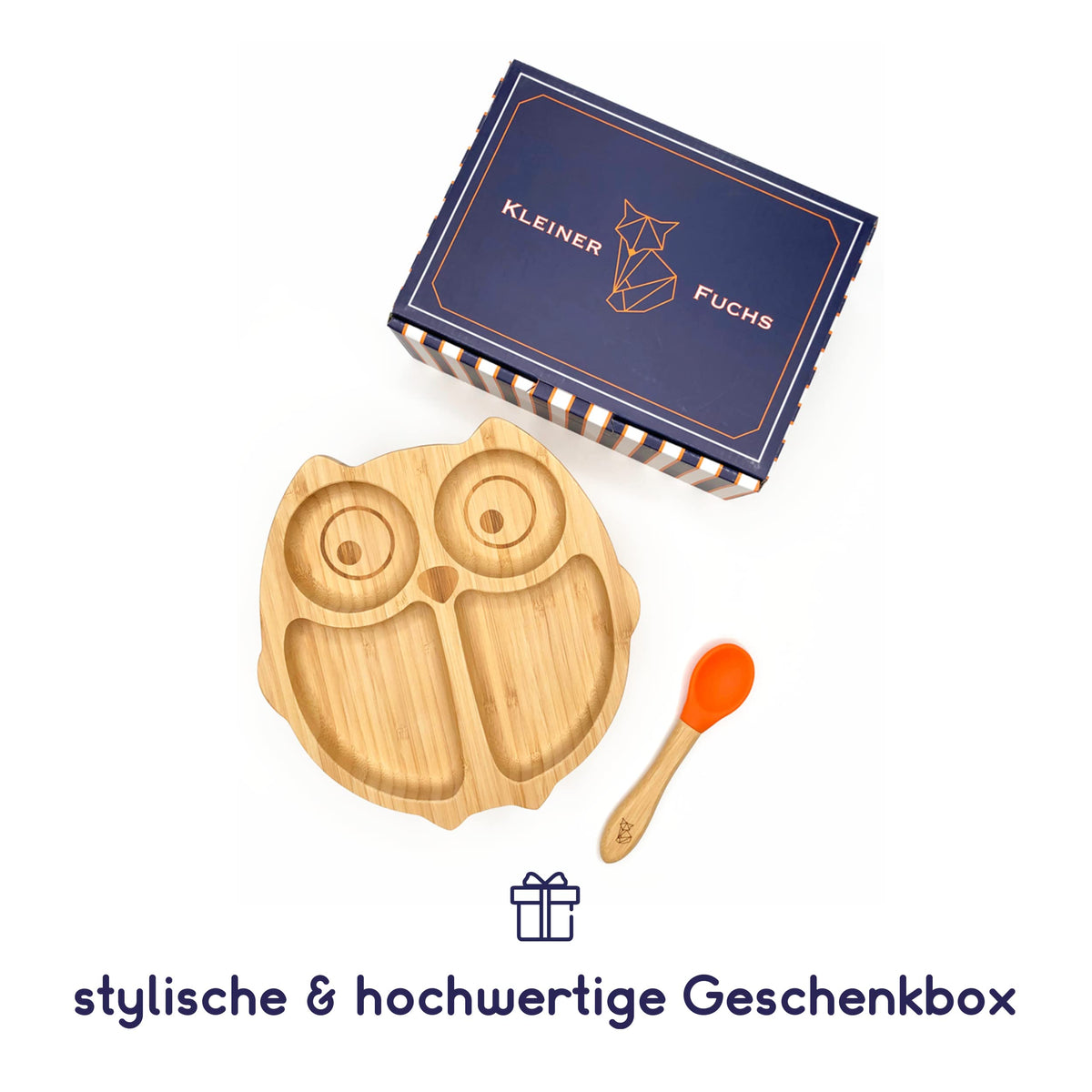 Bambus-Teller für Kinder inkl. Löffel - mit Eulenmotiv - Orange in hochwertiger Geschenkbox mit kindgerechtem, unterteiltem Design.