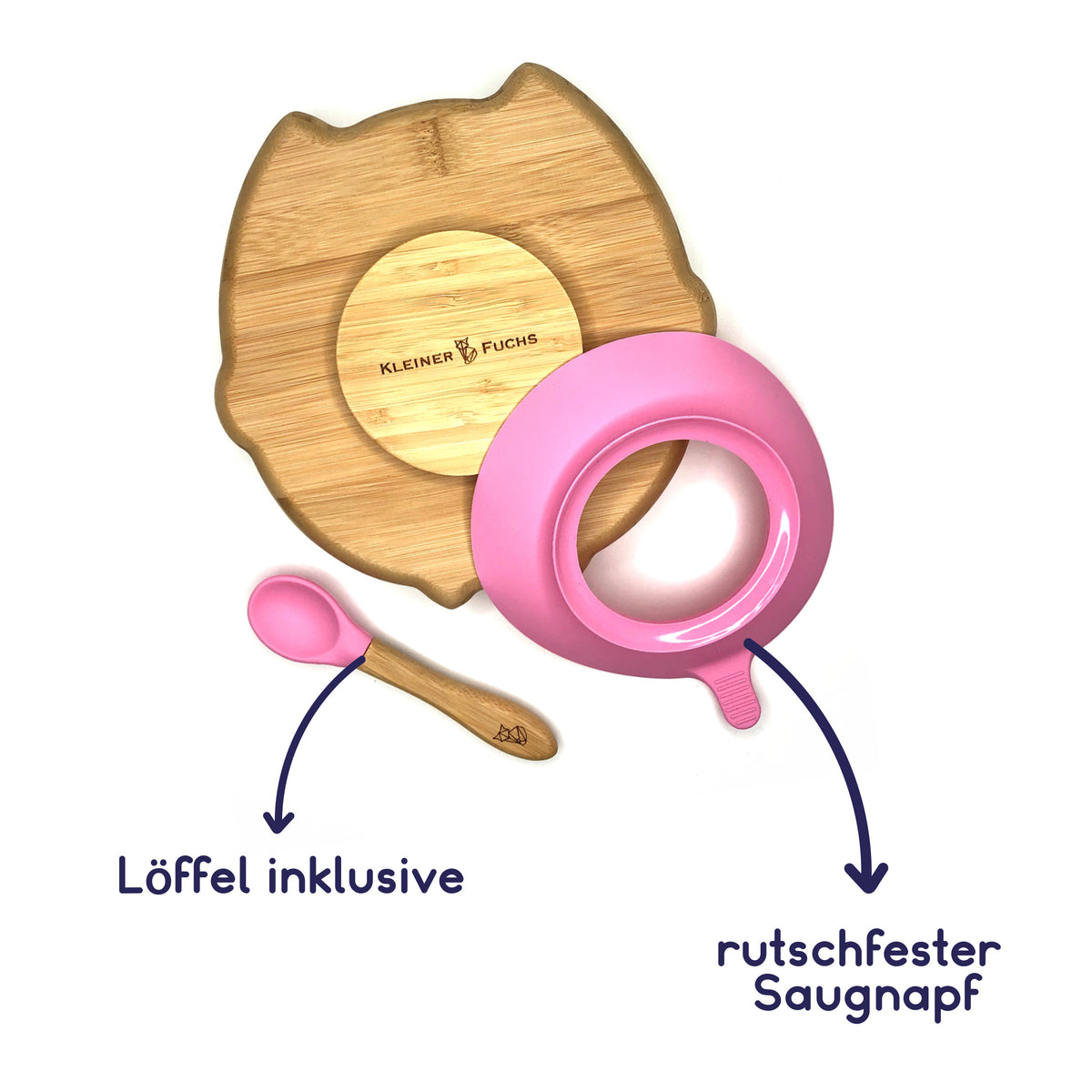 Bambus-Teller für Kinder inkl. Löffel - mit Eulenmotiv - Rosa mit rutschfestem Saugnapf
