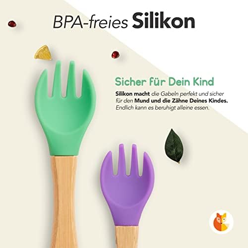 Kindergabelset - 2-tlg. - Grün & Lila mit BPA-freiem Silikon, schonend für Zähne und Mund, ideal für sicheres und selbstständiges Essenlernen.