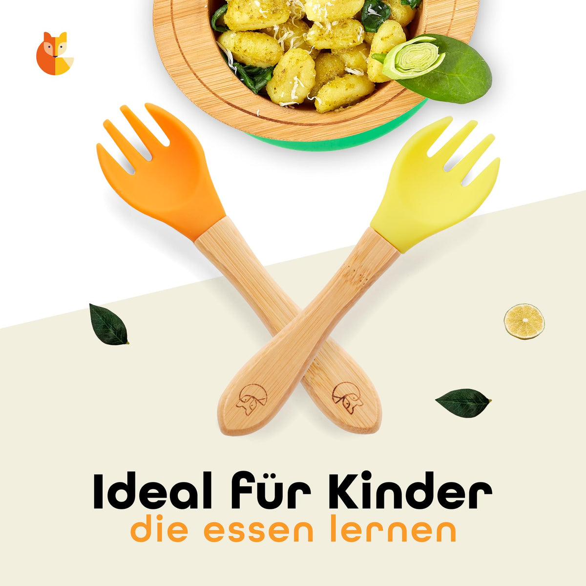 Kindergabelset - 2-tlg. - Orange & Gelb mit kinderfreundlichen Griffen aus Holz und weichem, buntem Silikon für einfaches und sicheres Essenlernen.