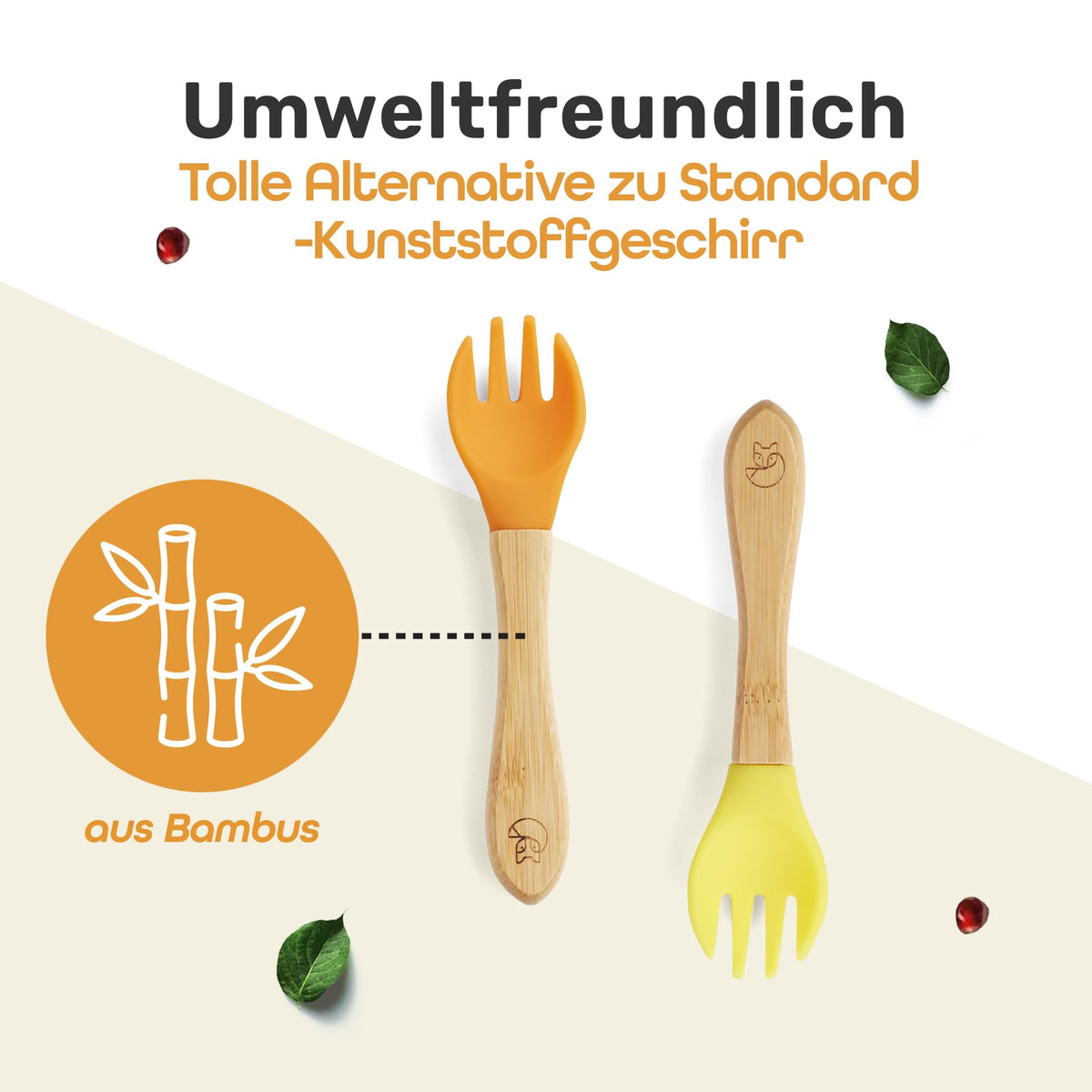 Kindergabelset - 2-tlg. - Orange & Gelb aus Bambus mit weichem Griff, umweltfreundlich und ideal für kleine Kinderhände.