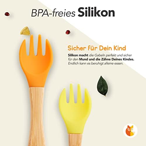 Kindergabelset - 2-tlg. - Orange & Gelb mit BPA-freiem Silikon und Holzgriff für sicheres, kindgerechtes Essenlernen und Zahnfreundlichkeit.