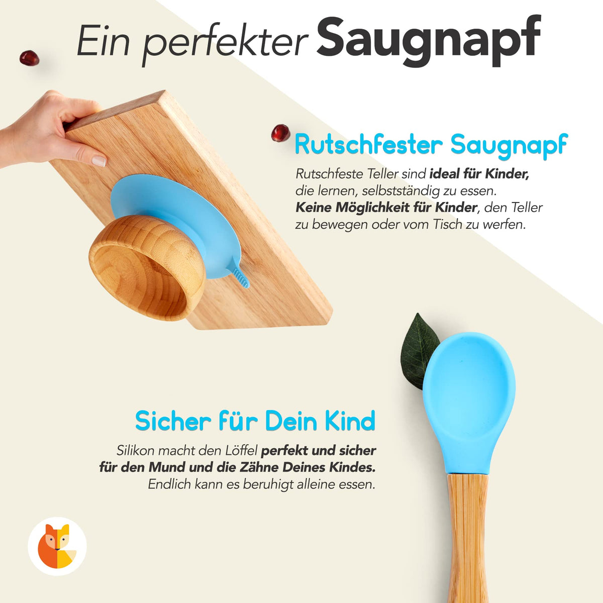 Löffel- und Saugnapfset für Kinder - Hellblau mit rutschfestem Saugnapf und sicherem Silikonlöffel für selbstständiges Essenlernen.