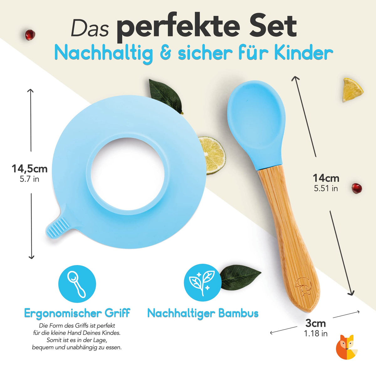 Löffel- und Saugnapfset für Kinder - Hellblau mit ergonomischem Griff aus nachhaltigem Bambus für sicheres und unabhängiges Essenlernen.