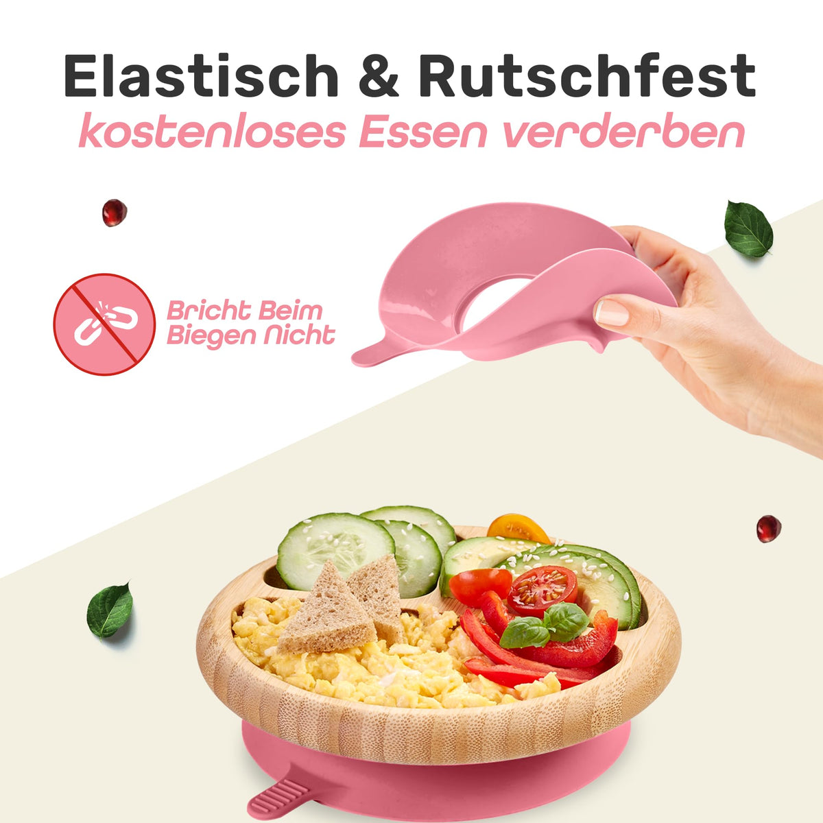 Löffel- und Saugnapfset für Kinder - Pink mit elastischer Saugnapfbasis und flexiblem, bruchfestem Design für sicheres und sauberes Essenlernen.