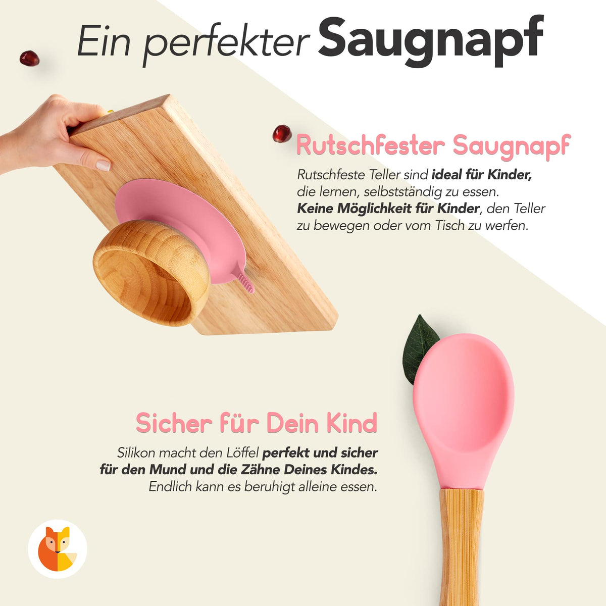 Löffel- und Saugnapfset für Kinder - Pink mit rutschfestem Saugnapf und sicherem Silikonlöffel für selbstständiges und sicheres Essenlernen.