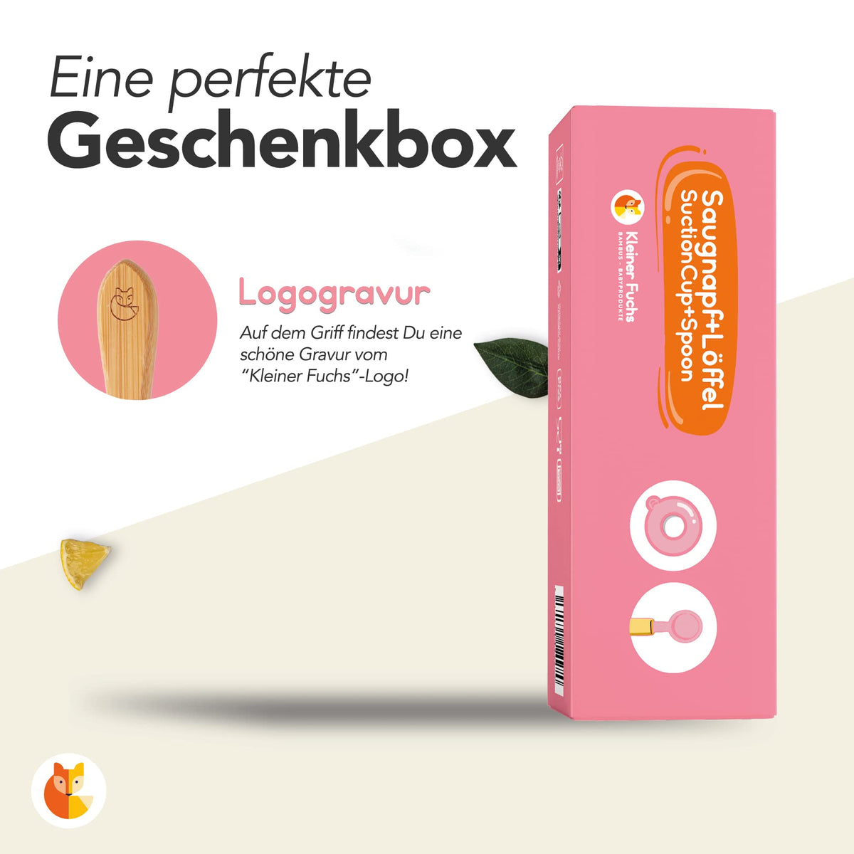 Löffel- und Saugnapfset für Kinder - Pink mit nachhaltigem Griff und individueller Logogravur für sicheres und selbstständiges Essenlernen.