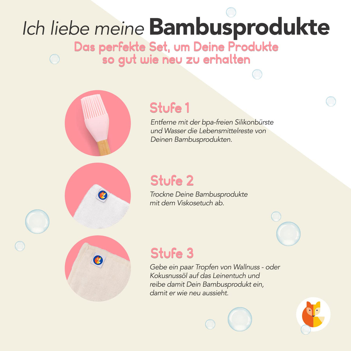 Reinigungs Set 3 tlg. – Rosa mit BPA-freier Silikonbürste, weichem Viskosetuch und Pflegeanleitung für Bambusprodukte.