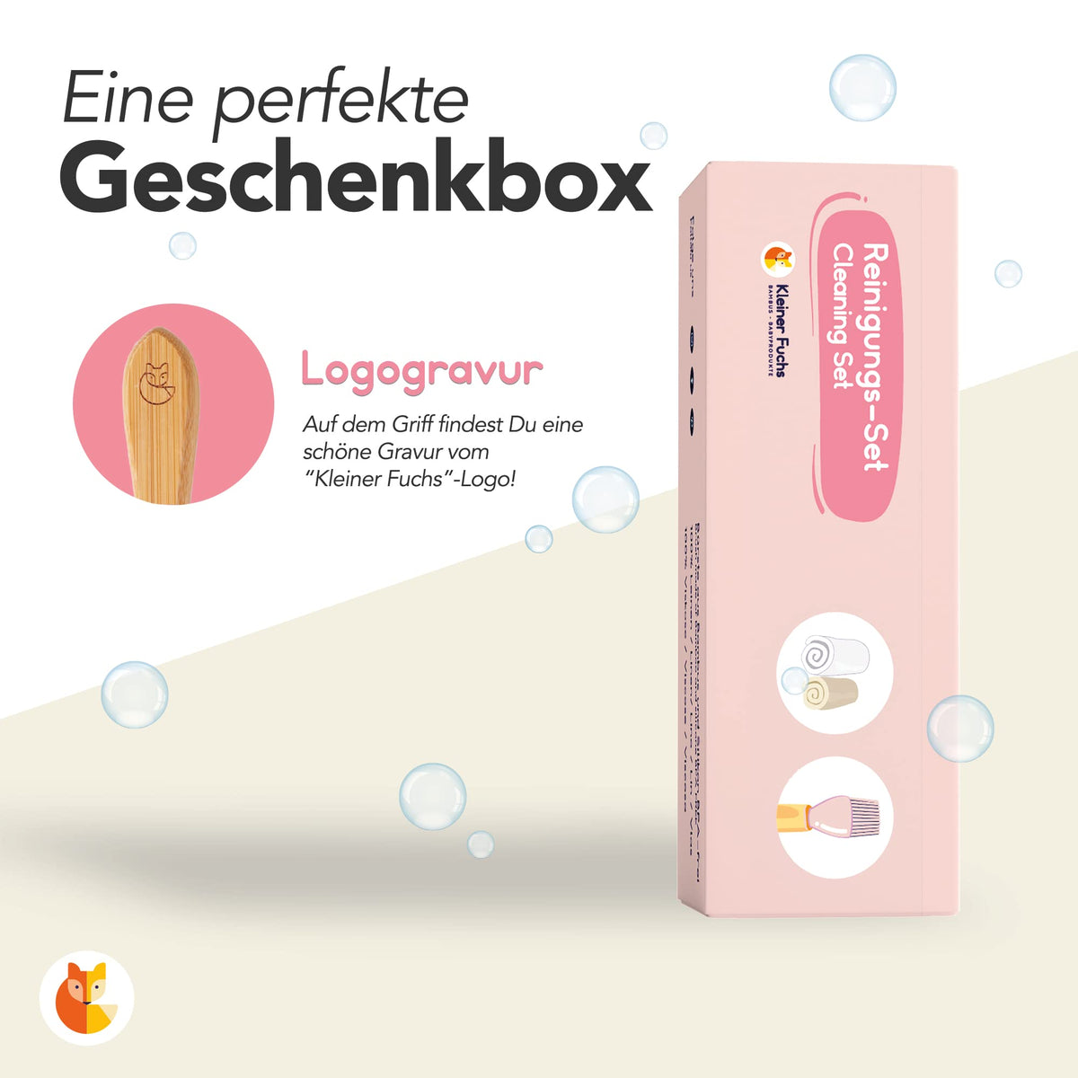 Reinigungs Set 3 tlg. – Rosa mit Bambusgriff, individuell graviertem Logo, samt weichem Tuch und Silikonbürste zur sanften Pflege
