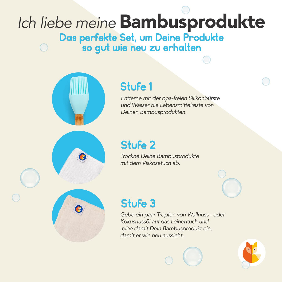 Reinigungs Set 3 tlg. – Hellblau mit BPA-freier Silikonbürste, weichem Viskosetuch und Anleitung zur Pflege von Bambusprodukten.